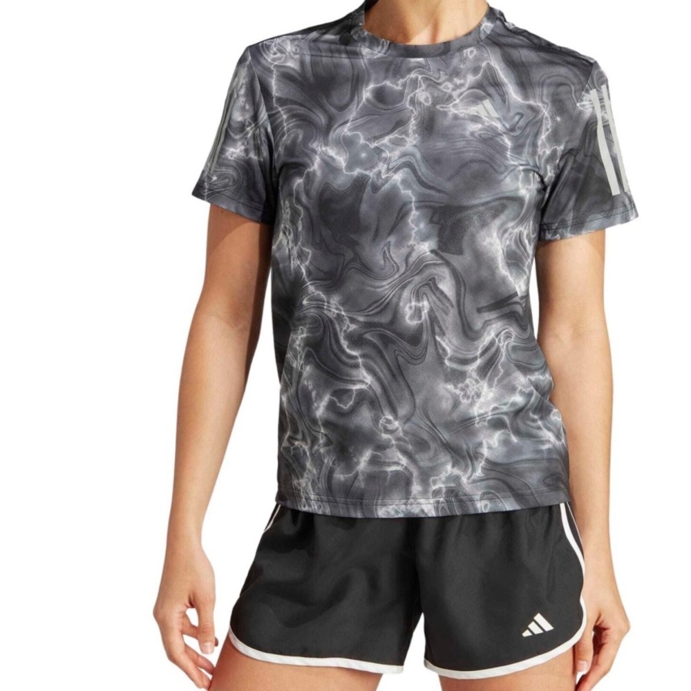 Adidas Women's Own The Run All Over Printed T-Shirt, White/Black/Grey, Medium